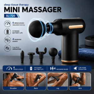 SL-720 Mini Rechargeable Deep Tissue Therapy Massage Gun with 6 Speed Levels and 4 Massage Heads