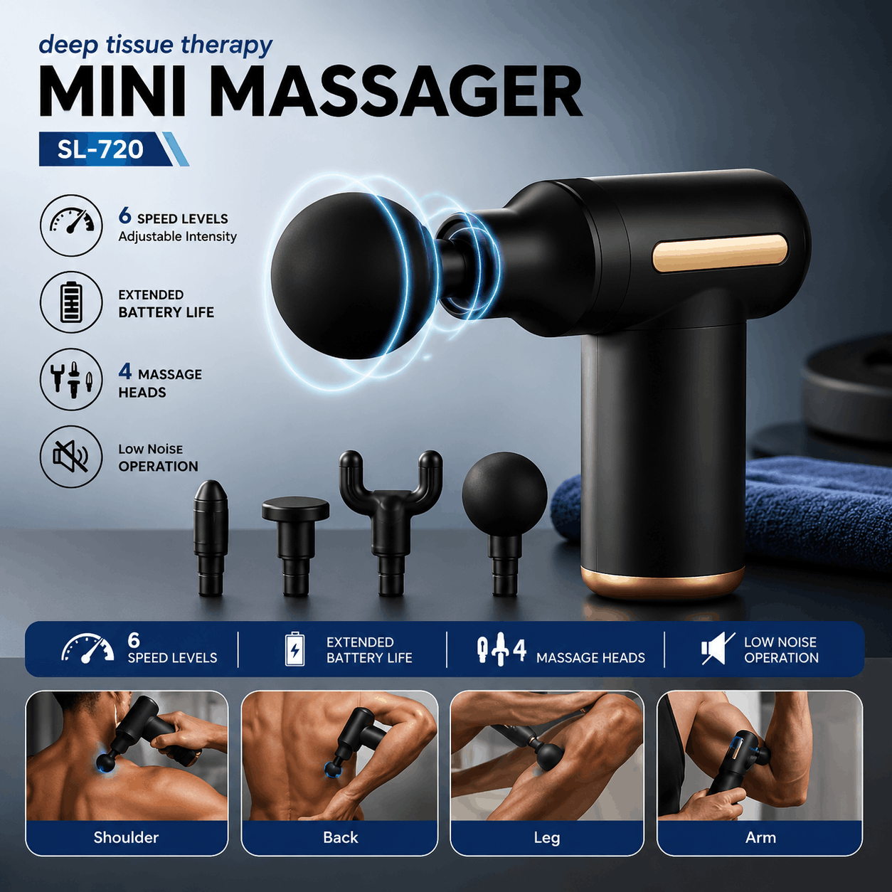 SL-720 Mini Rechargeable Deep Tissue Therapy Massage Gun with 6 Speed Levels and 4 Massage Heads