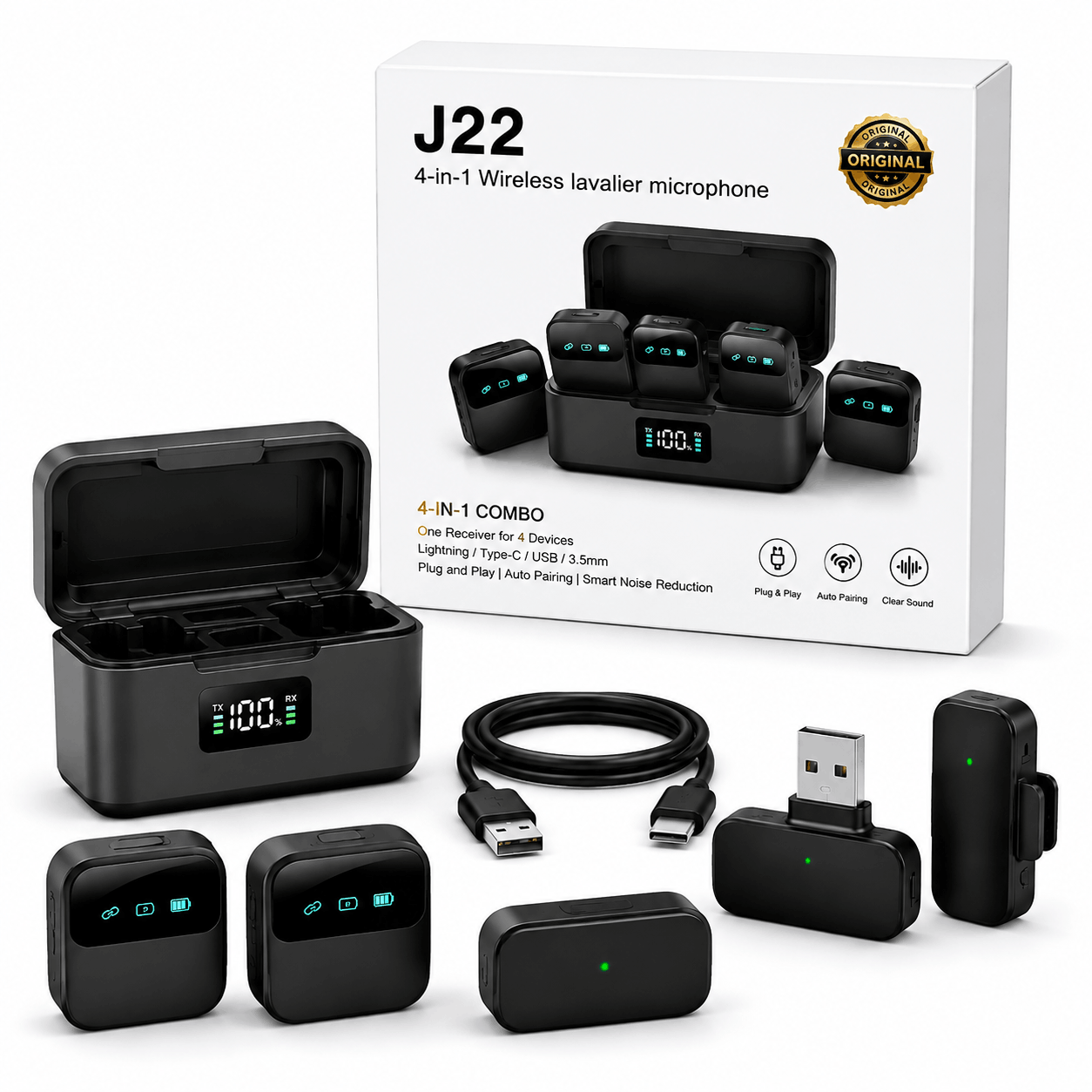 J22 4-in-1 Wireless Lavalier Microphone with Lightning Type-C USB and Camera Receiver