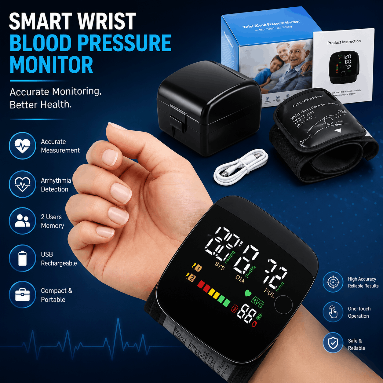 Automatic Digital Wrist Blood Pressure Monitor with Heart Rate Monitor | Portable BP Machine - Image 2