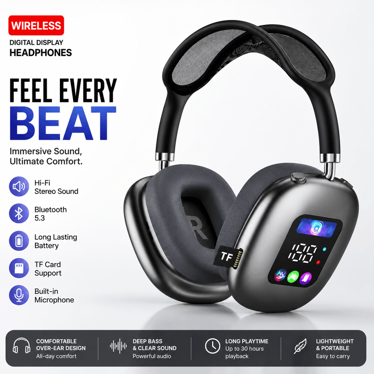 AKZ Max700 Premium Wireless Bluetooth Headphone β Hi-Fi Bass & Digital Display - Image 3