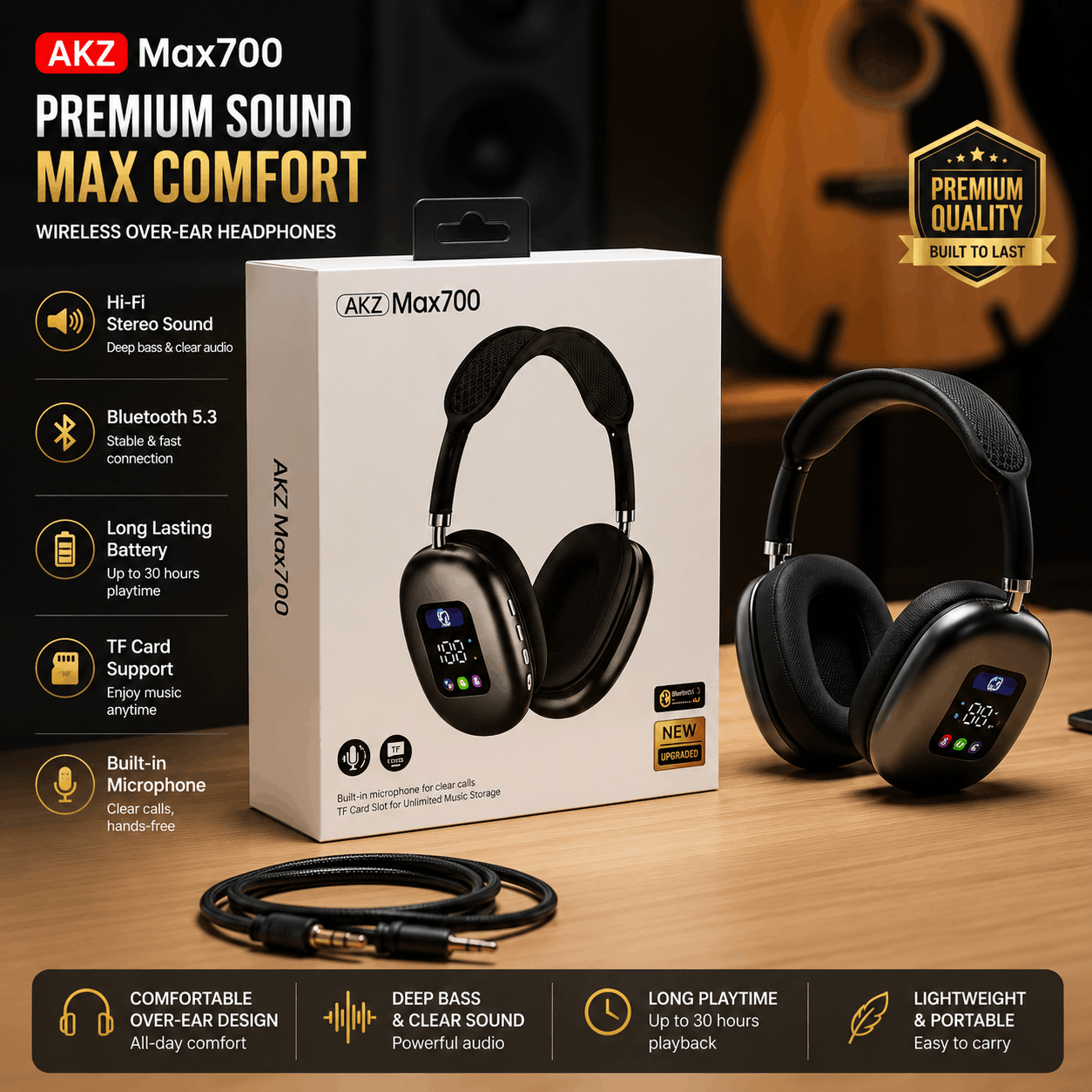 AKZ Max700 Wireless Bluetooth Headphone with Digital Display