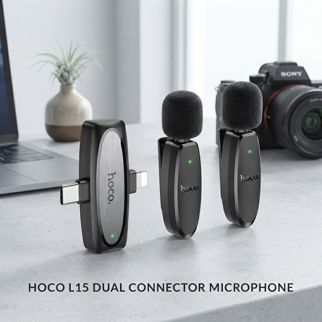 Hoco L15 Dual Mic Wireless Lavalier Microphone – Type-C + Lightning 2-in-1 - Image 2