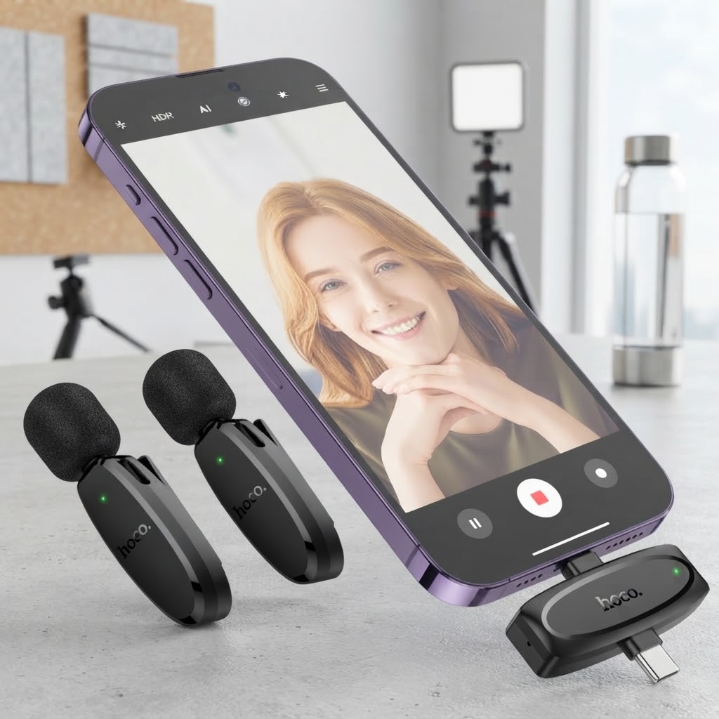 Hoco L15 Dual Mic Wireless Lavalier Microphone – Type-C + Lightning 2-in-1 - Image 3