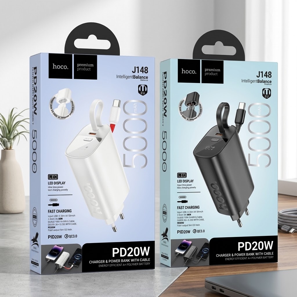 Hoco J148 Handy 5000mAh PD20W Power Bank with Built-in Type-C Cable