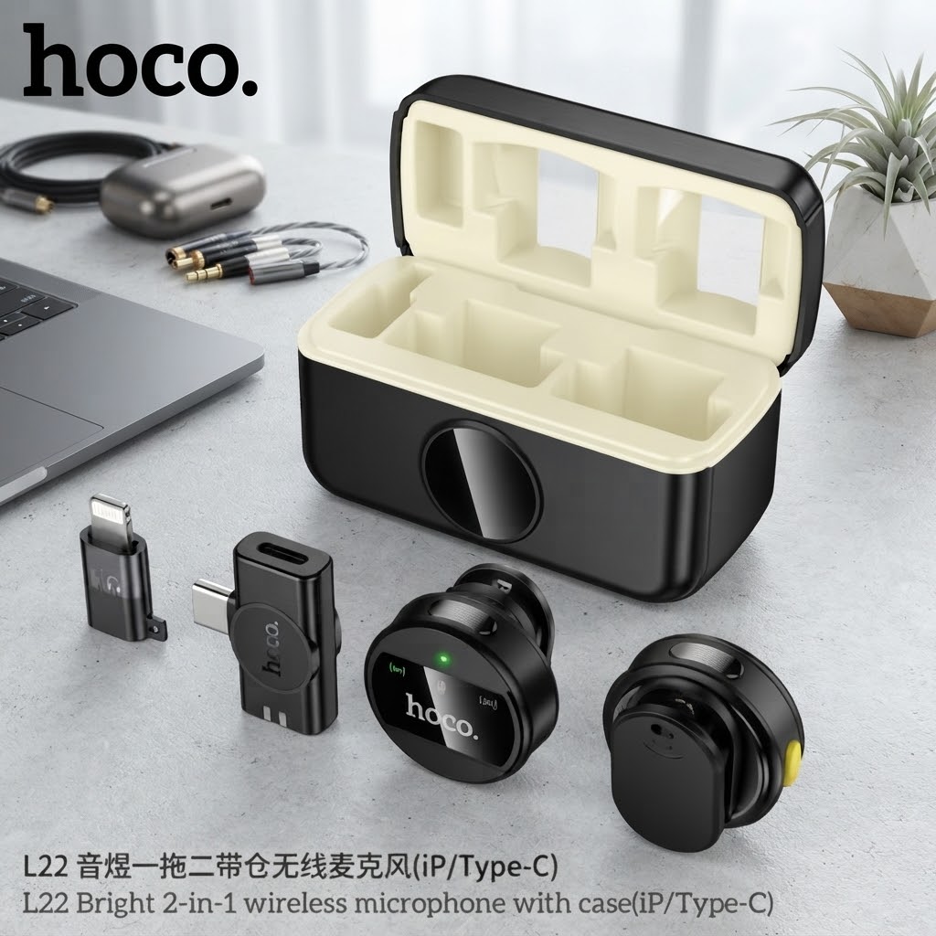 Hoco L22 Bright 2-in-1 Wireless Lavalier Microphone – iP + Type-C with ENC Noise Reduction - Image 2