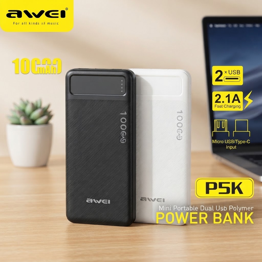 Awei P5K 10000mAh Dual USB Fast Charging Power Bank - Image 2