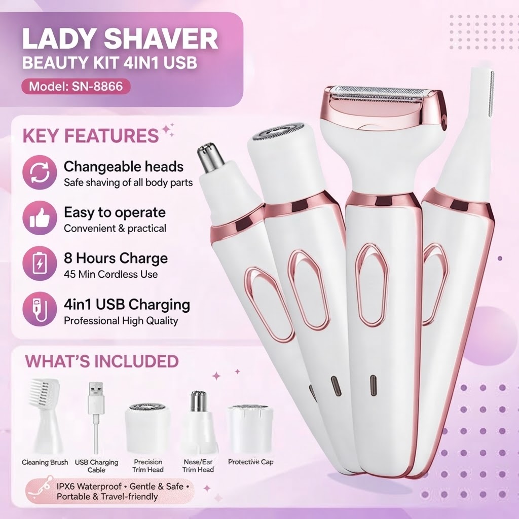 SN-8866 4-in-1 Rechargeable Lady Shaver Beauty Grooming Kit - Image 2